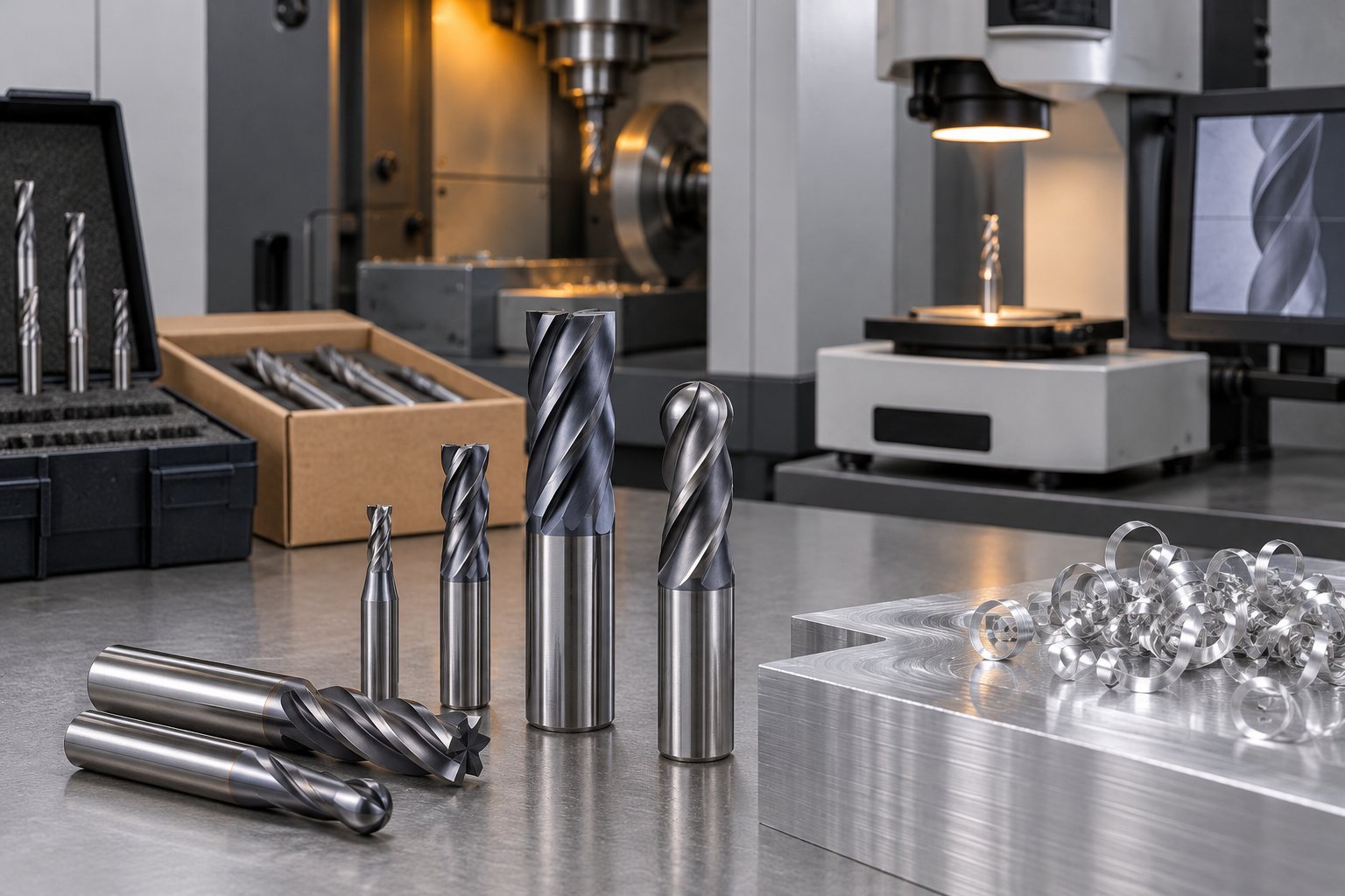 Illustration: aluminum chips curling away from a milling cutter in a machine vise