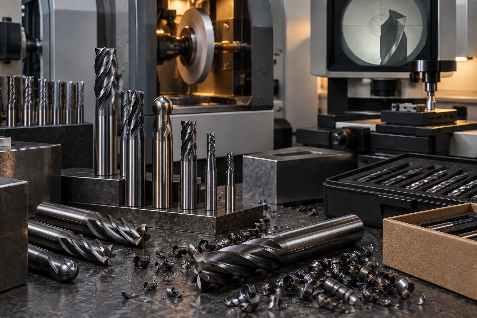 Illustration: a four-flute carbide end mill cutting a steel block with coolant mist