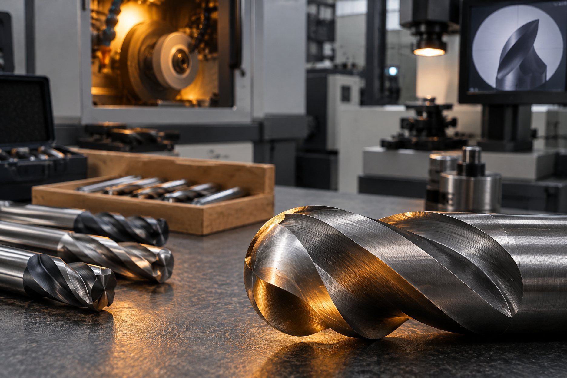 Ball nose end mills with polished flutes on a dark workbench