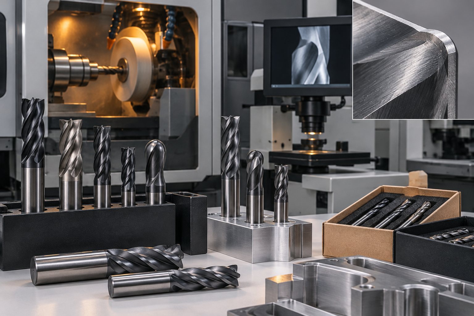 Corner radius end mills arranged by diameter on a dark bench