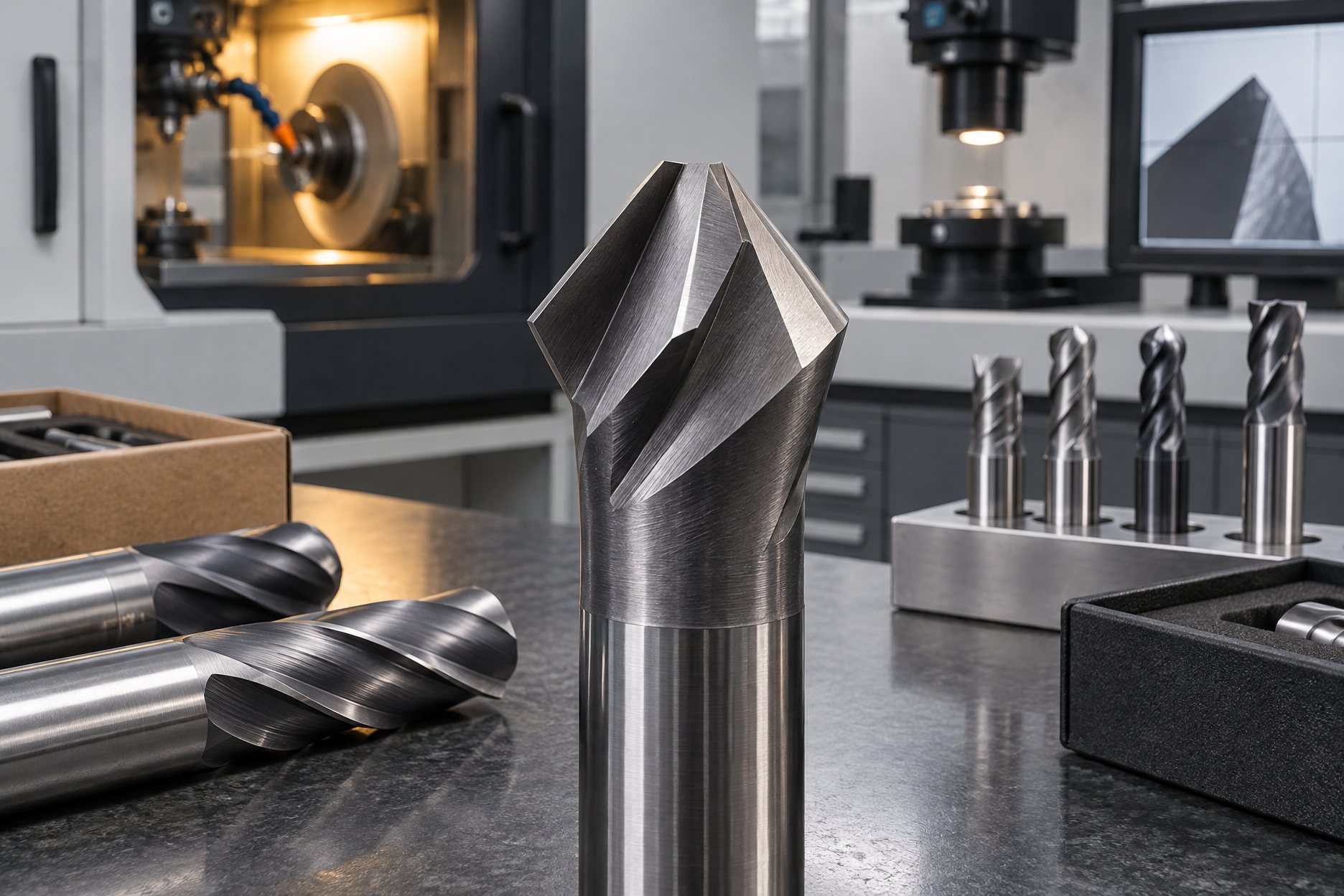 Chamfer mills with conical cutting heads on a dark inspection bench
