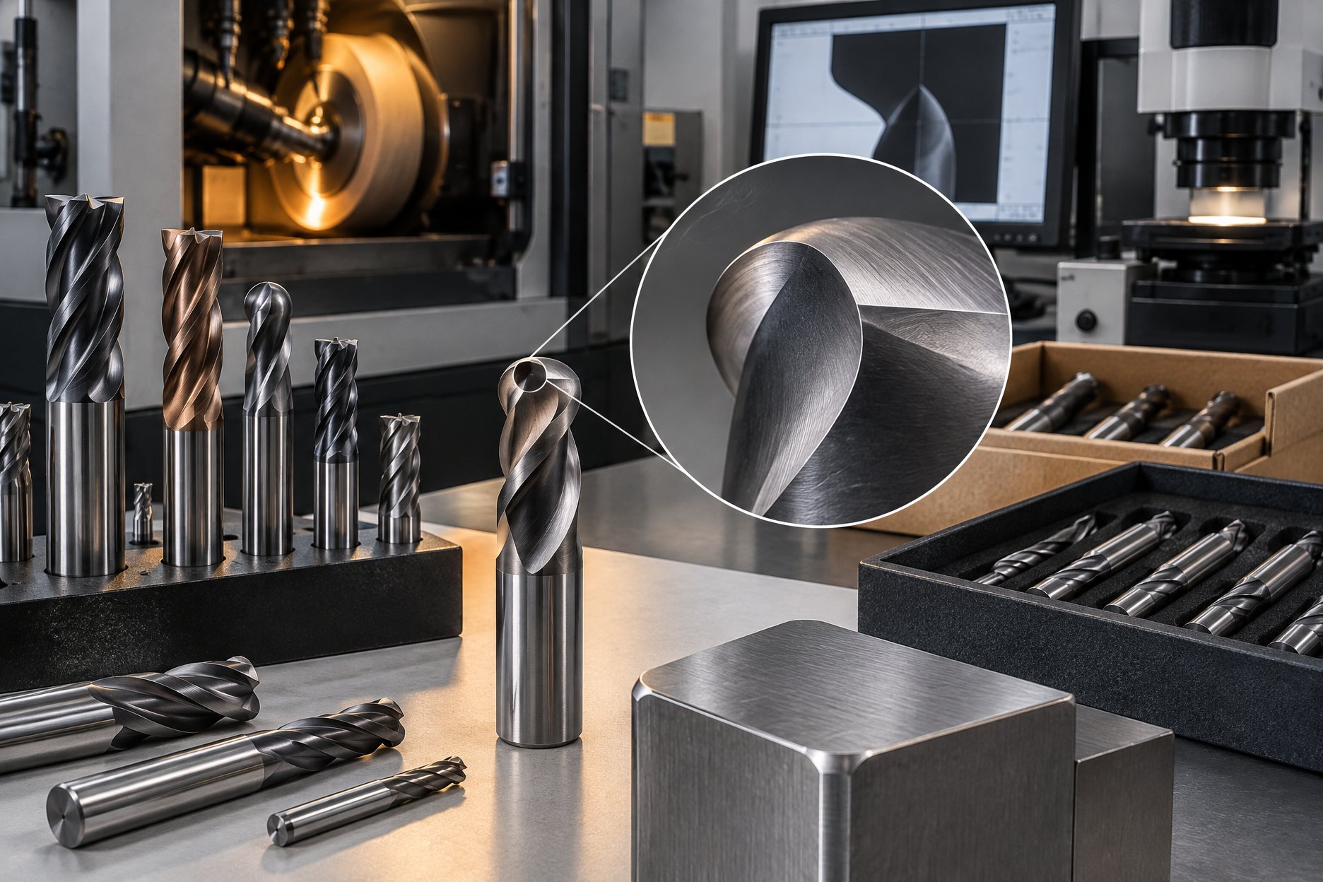 Corner rounding end mills standing nose-up in a row on an inspection bench