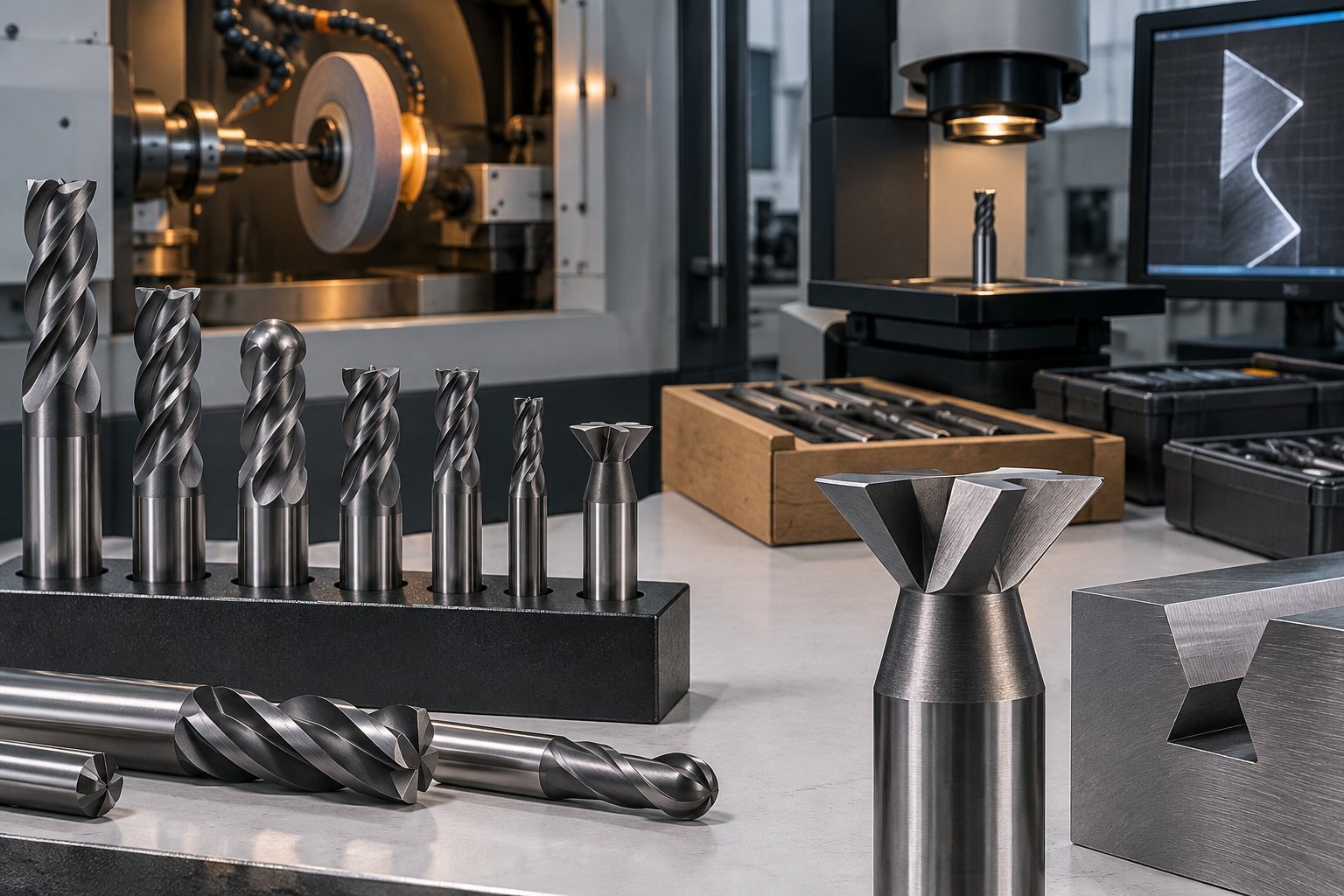 Dovetail cutters showing angled cutting faces, standing tips-up on a bench