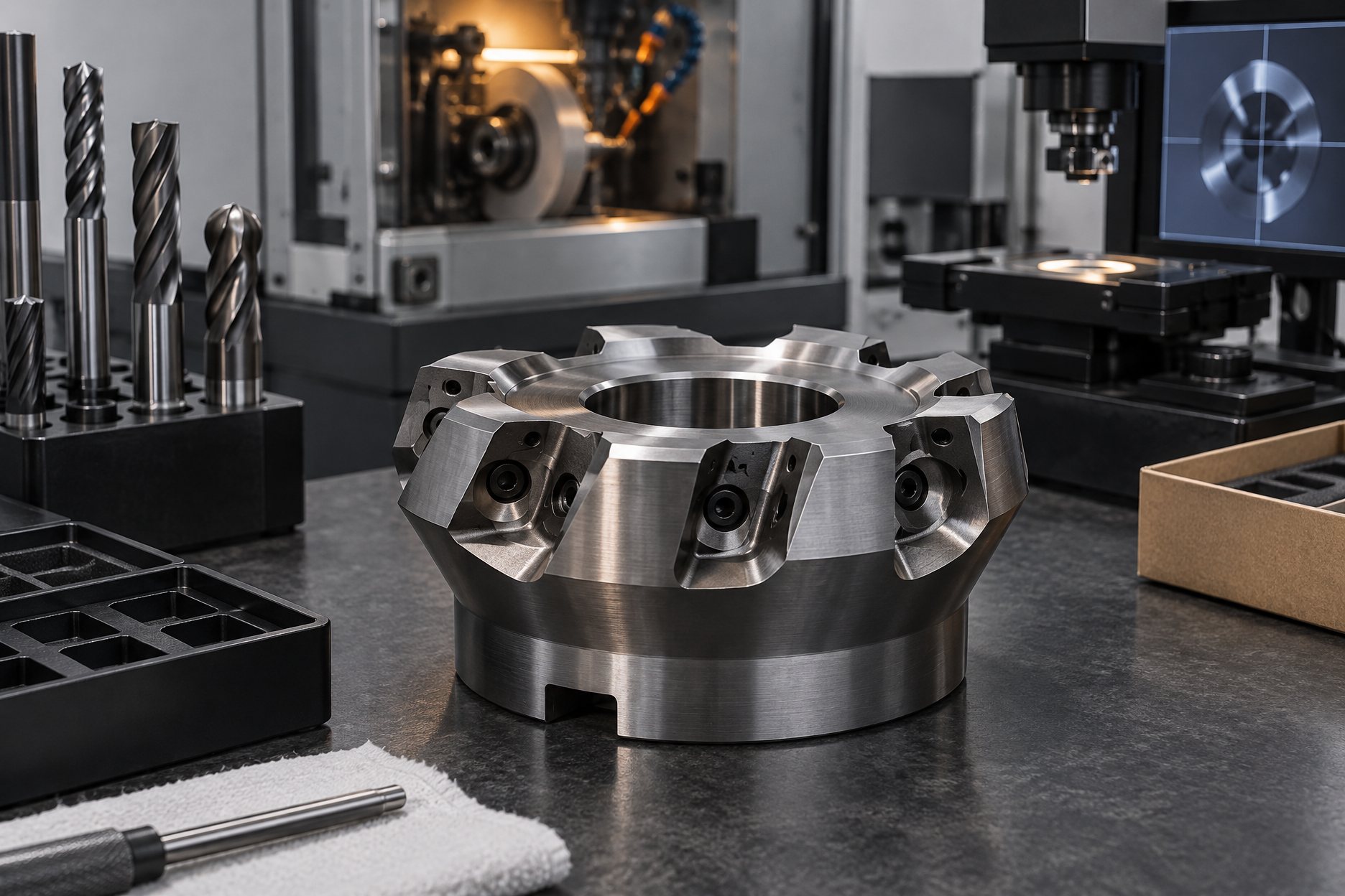 An indexable face mill body with carbide inserts seated, on a workbench
