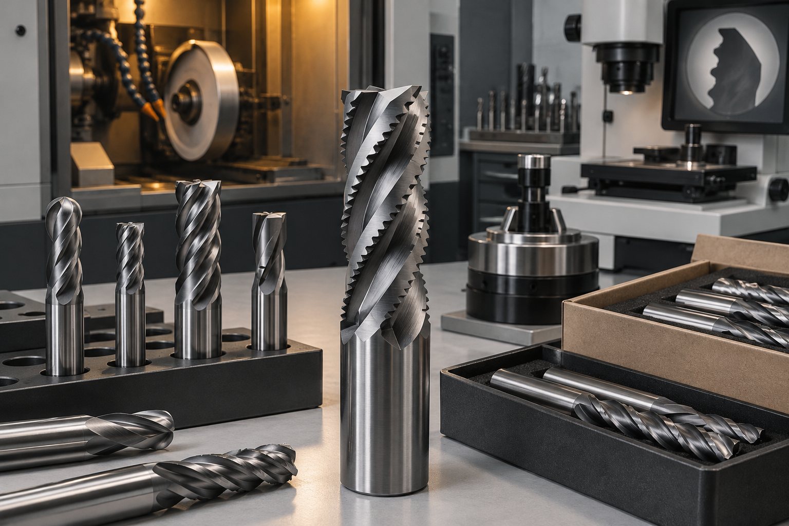 Roughing end mills with corrugated flutes on a machine shop bench