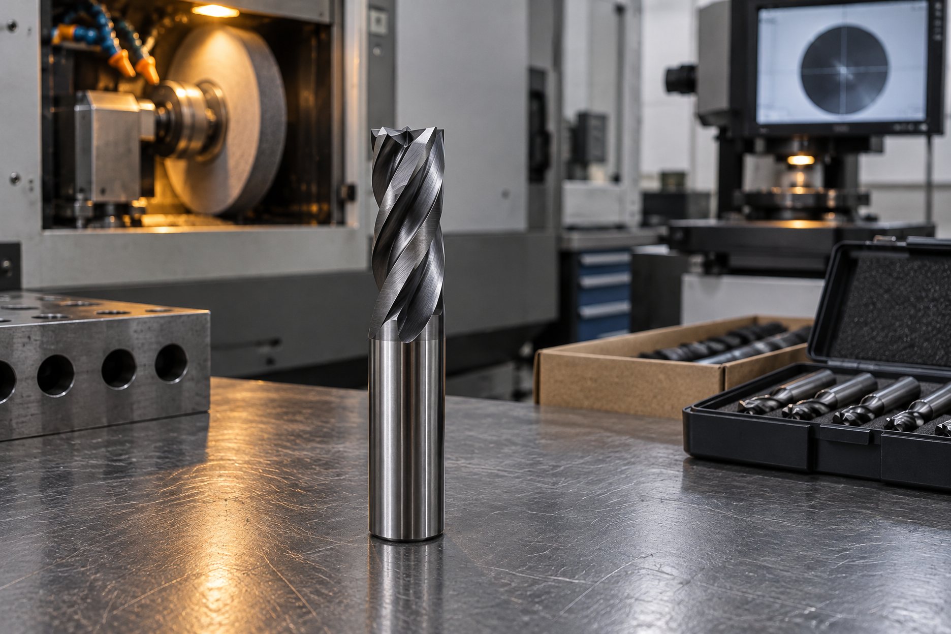 Short stub slot drills lined up by diameter on a dark bench