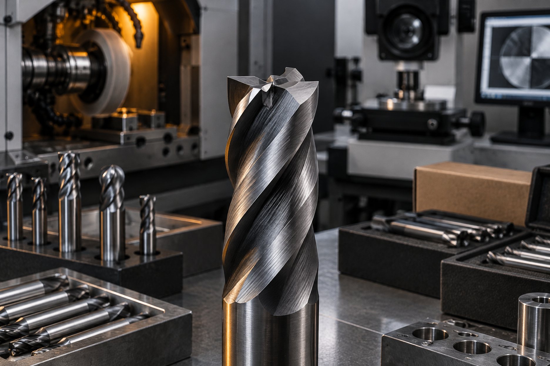 Square end mills in graduated diameters standing on a dark inspection bench