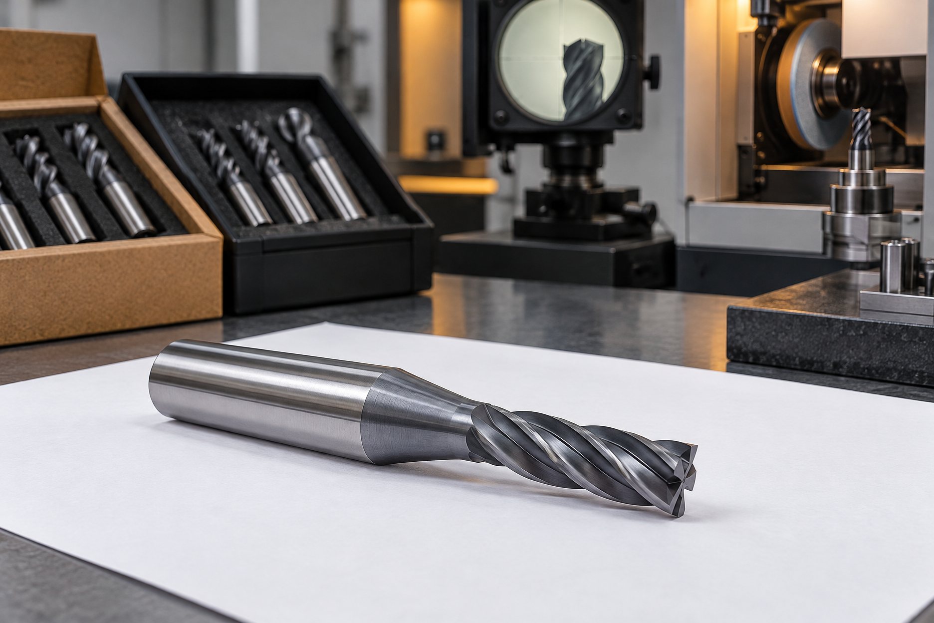 Tapered end mills with ball tips standing tip-up on a dark bench