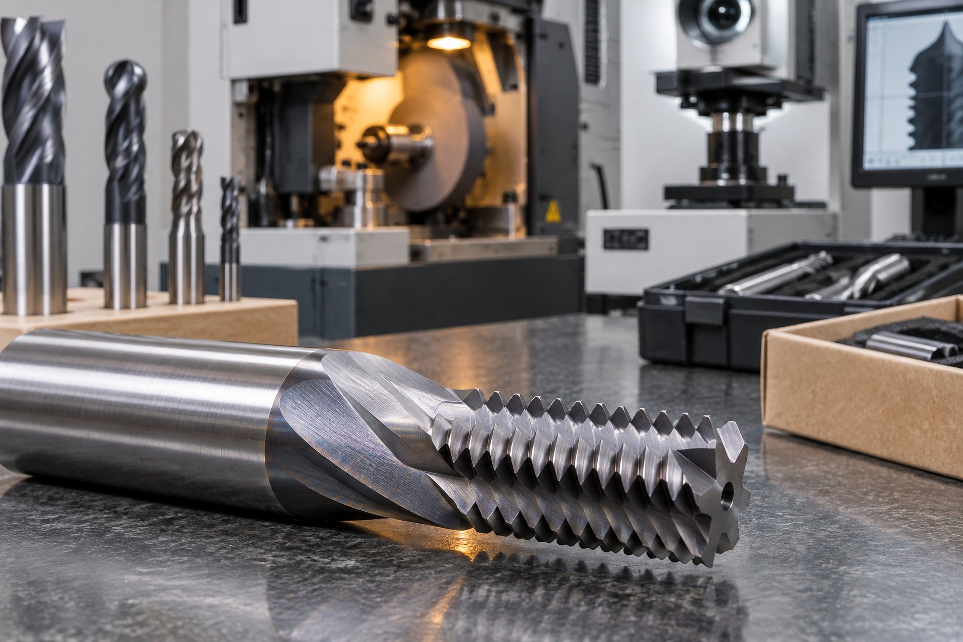 Solid carbide thread mills standing tip-up on a dark inspection bench