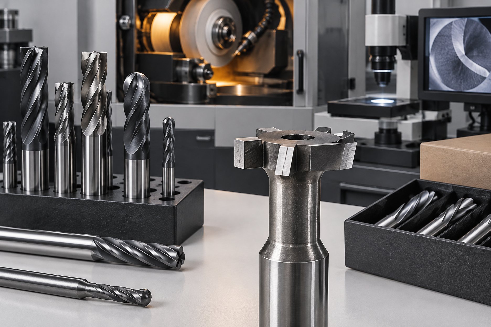T-slot cutters with narrow necks and wide blades, arranged on a bench