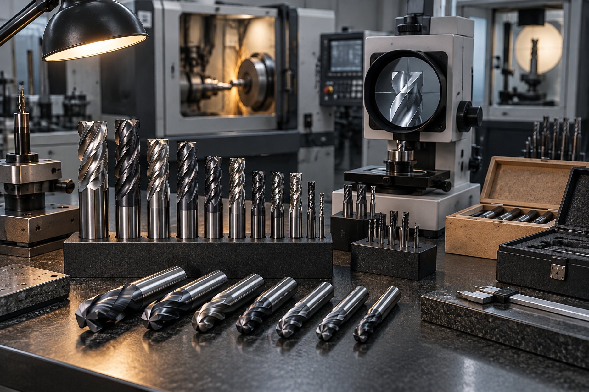 Milling cutters arranged in rows on a dark inspection bench
