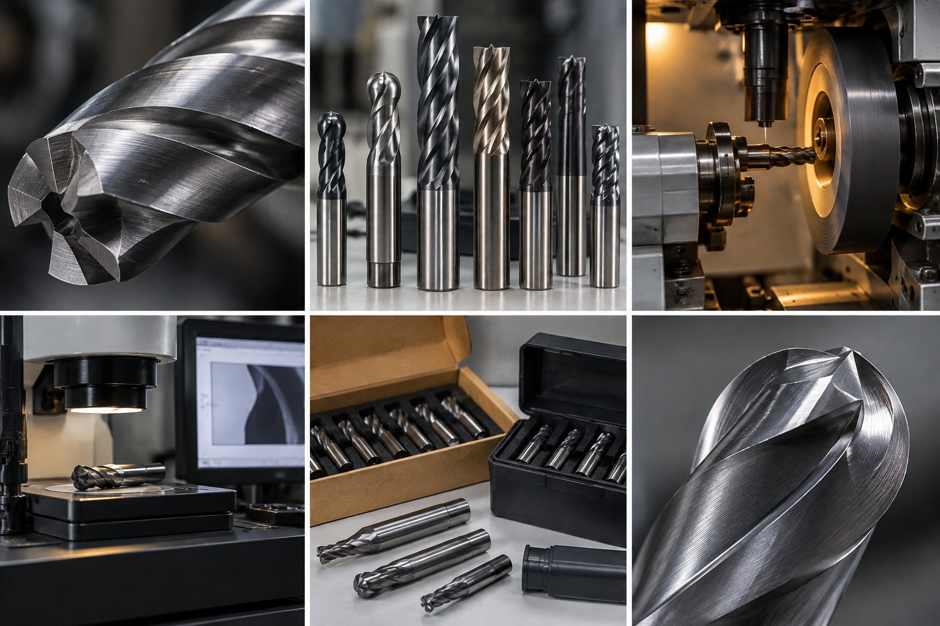 Solid carbide end mills standing in a row on a dark surface