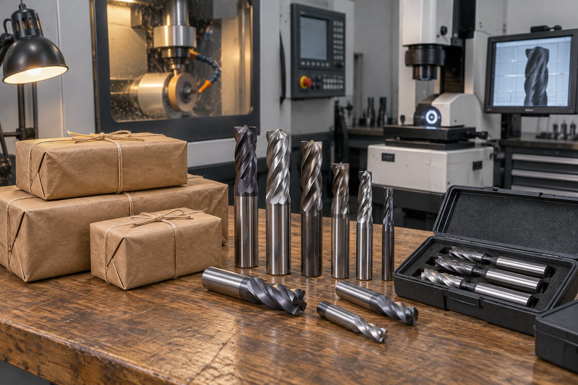 Illustration: boxed end mills with printed geometry labels arranged in an open program carton