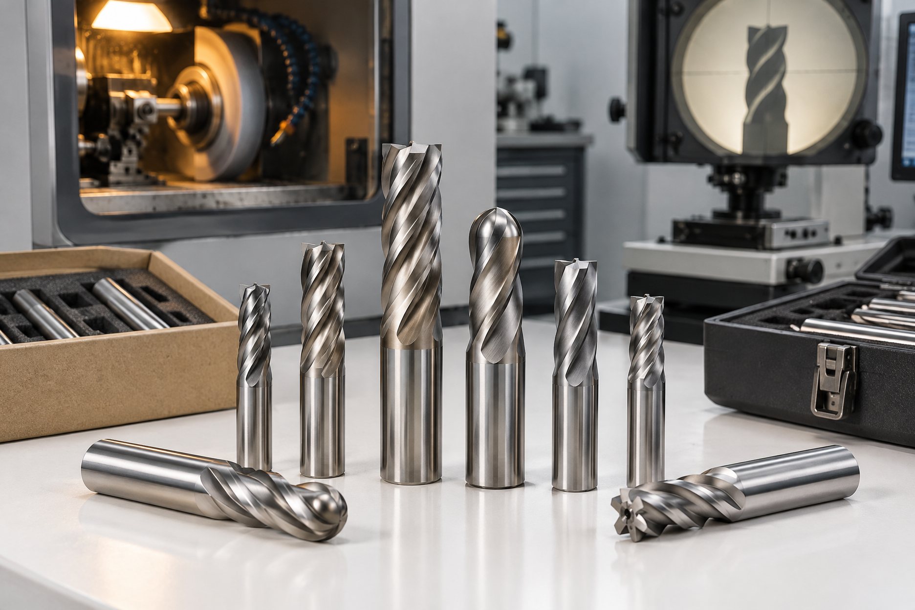 High-speed steel end mills arranged in open boxes on a packing bench