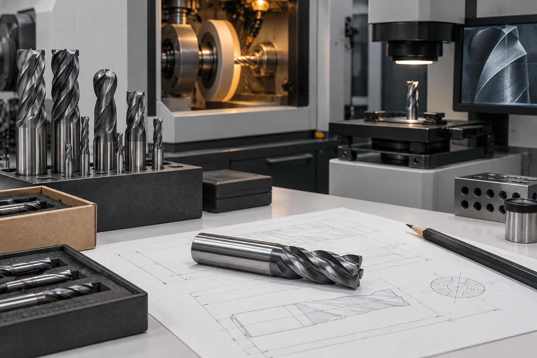 Cutting tool drawings and a carbide end mill on a desk beside a spec sheet
