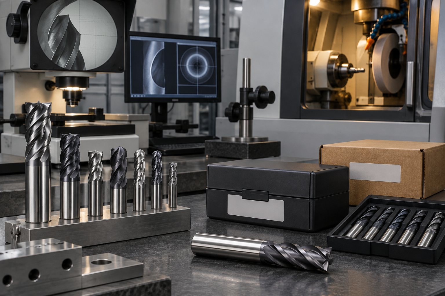 Illustration: a laser marker engraving a logo onto an end mill shank on a marking station