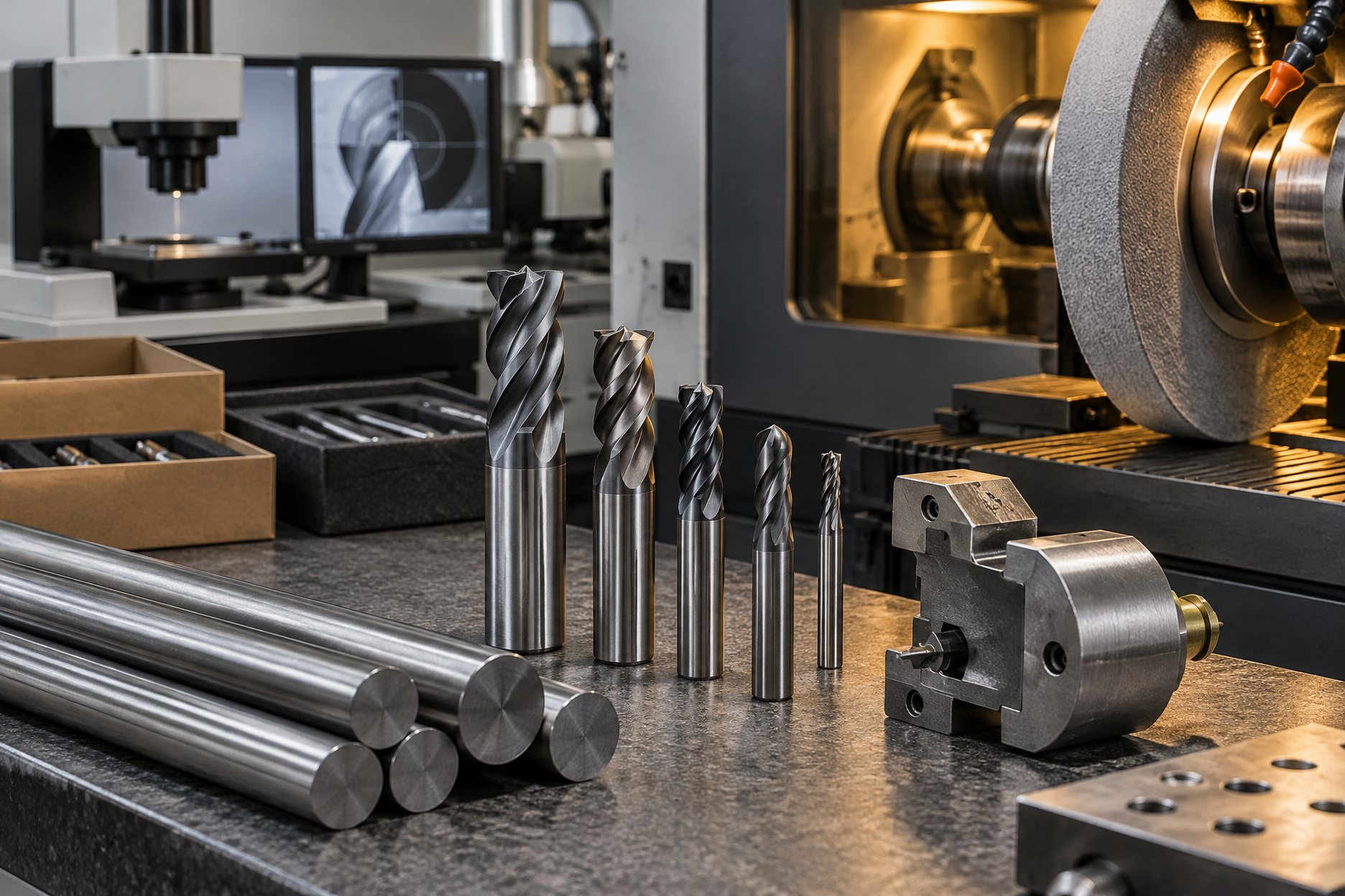 Illustration: a five-axis tool grinder cutting flutes into a carbide blank under coolant