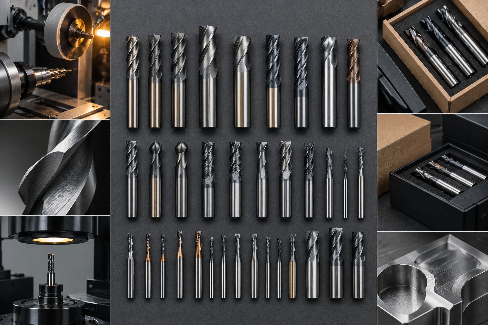 Rows of boxed end mills with geometry labels on a warehouse shelf