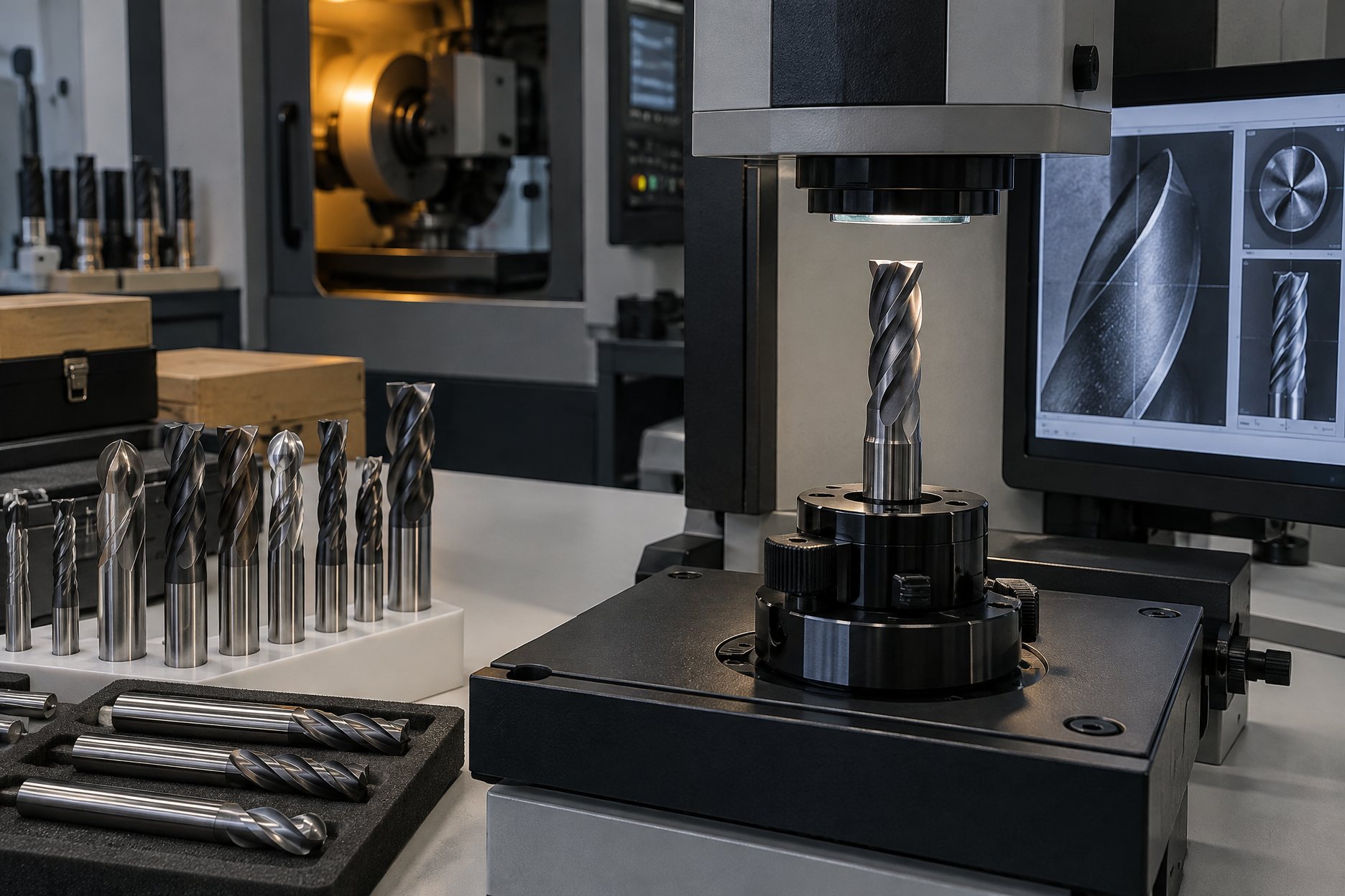 Illustration: an optical measuring bench projecting an end mill's flute profile onto a screen for inspection