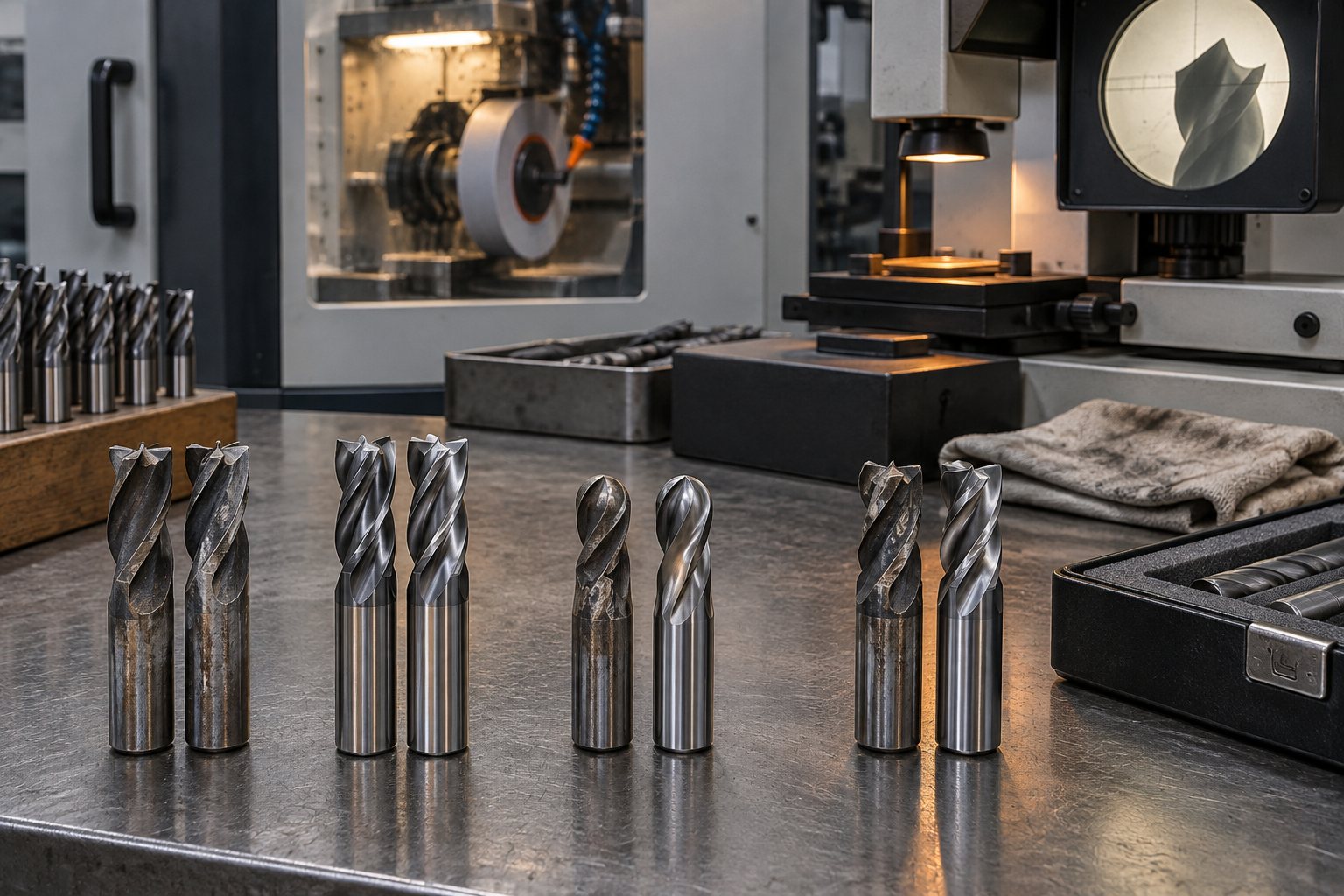 Illustration: worn end mills lined up beside a tool grinder awaiting a regrind batch