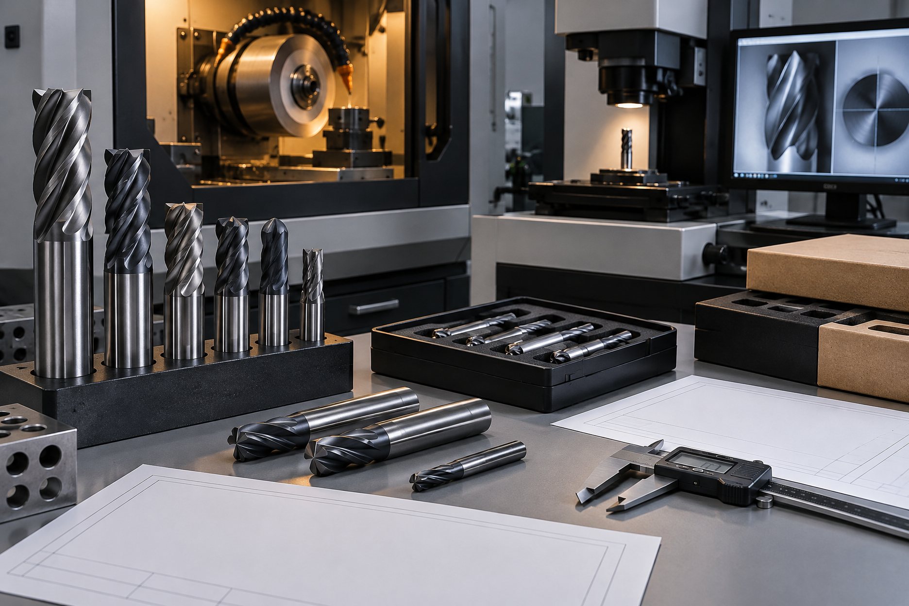Illustration: an end mill held in a collet chuck on a workbench beside a dial indicator