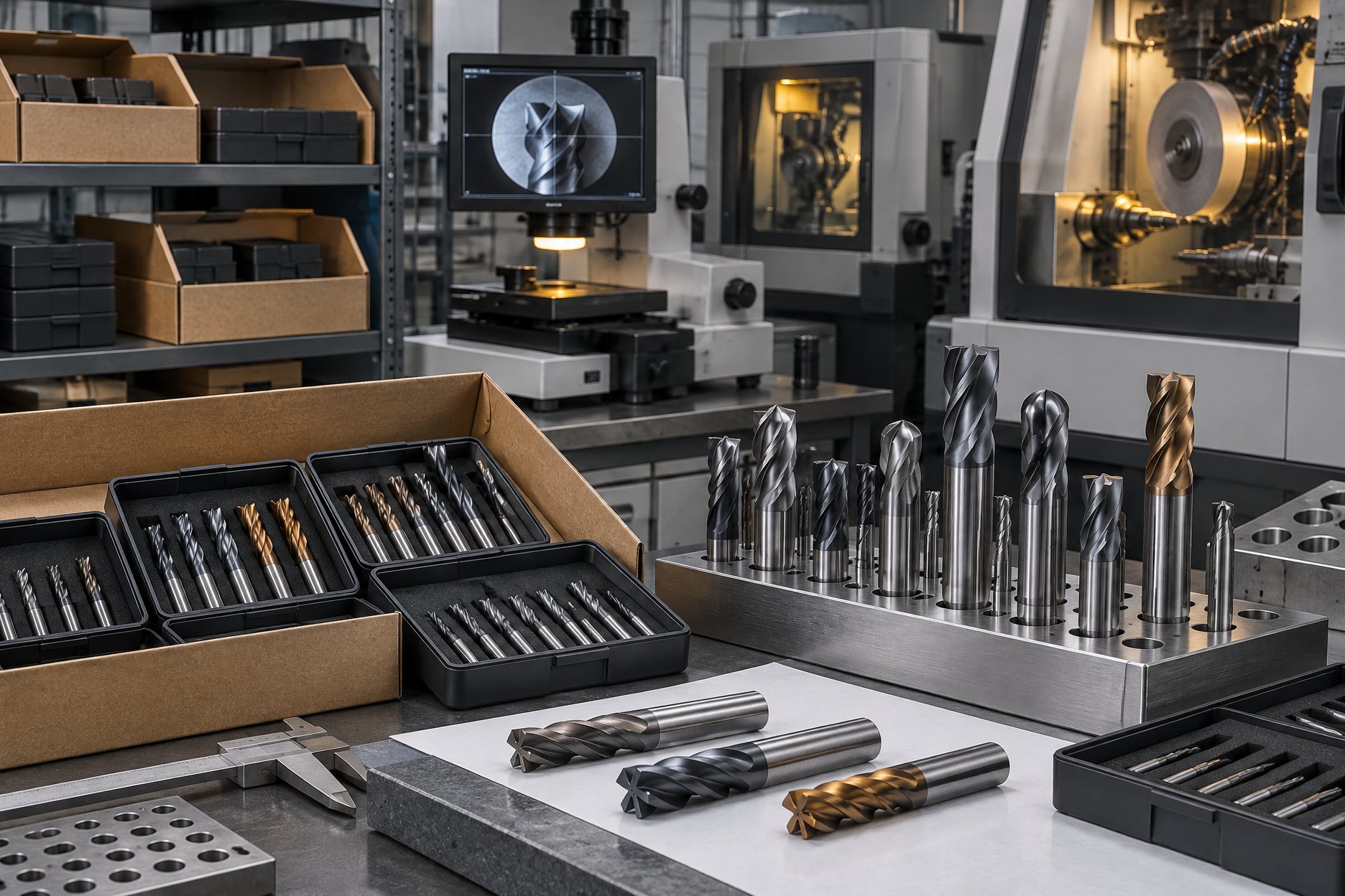 Cartons of boxed end mills stacked on a warehouse packing table